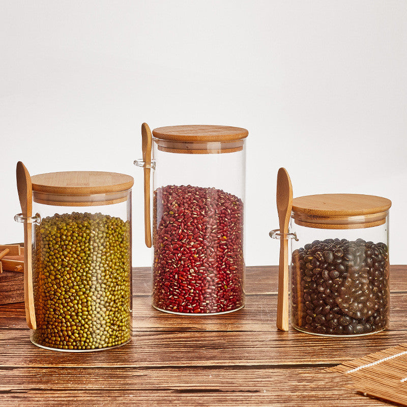 Glass Food Storage Jar Set with Wooden Spoon